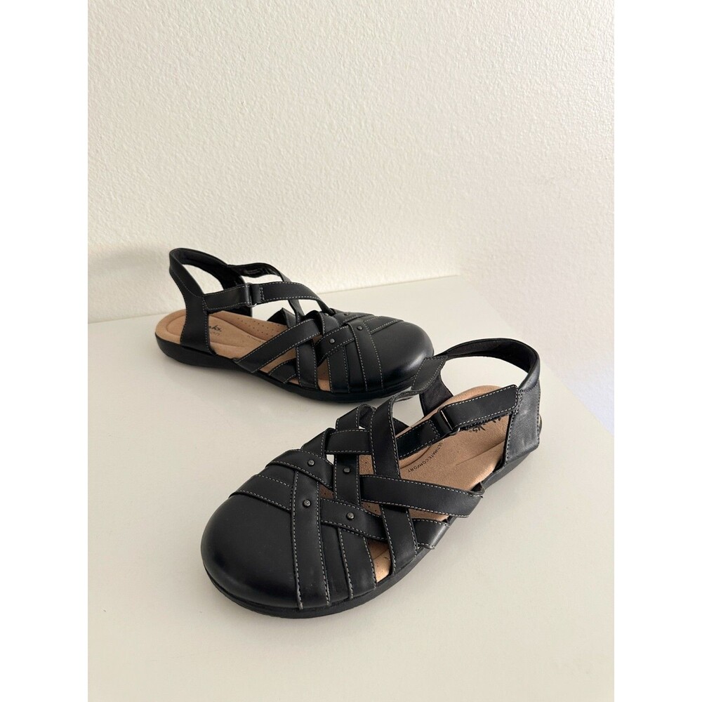 Clarks Elizabelle Sea Black Leather Strappy Sandals Fisherman Comfort Womens 9.5